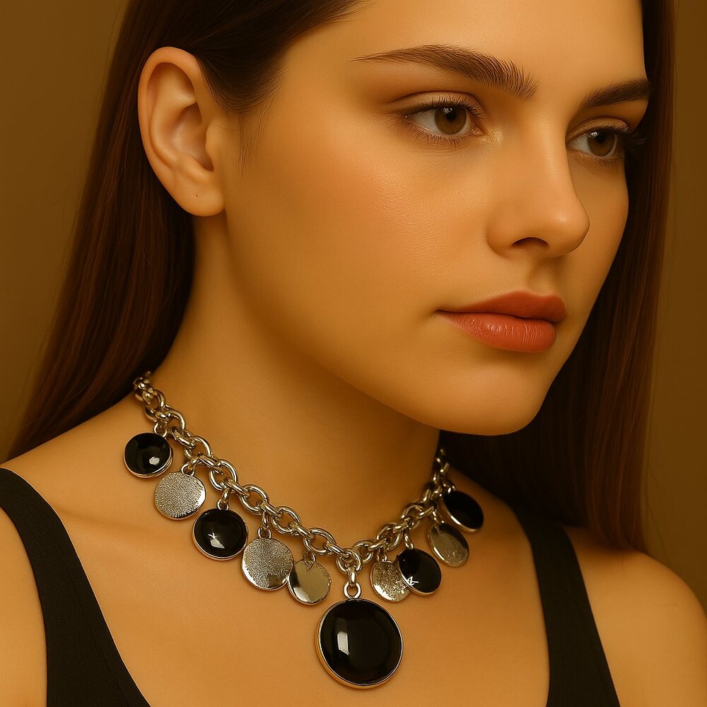 Women's Silver Chain Necklace w/ Black Pendant, Mixed Metal Disc Charms Jewelry